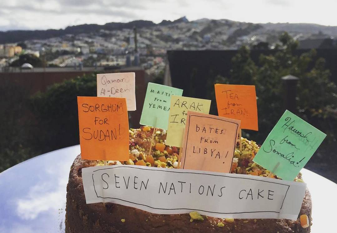 Protest Cakes' "Seven Nations Cake," served at the San Francisco Civic Center "No Ban, No Wall" protest on Feb. 4. 