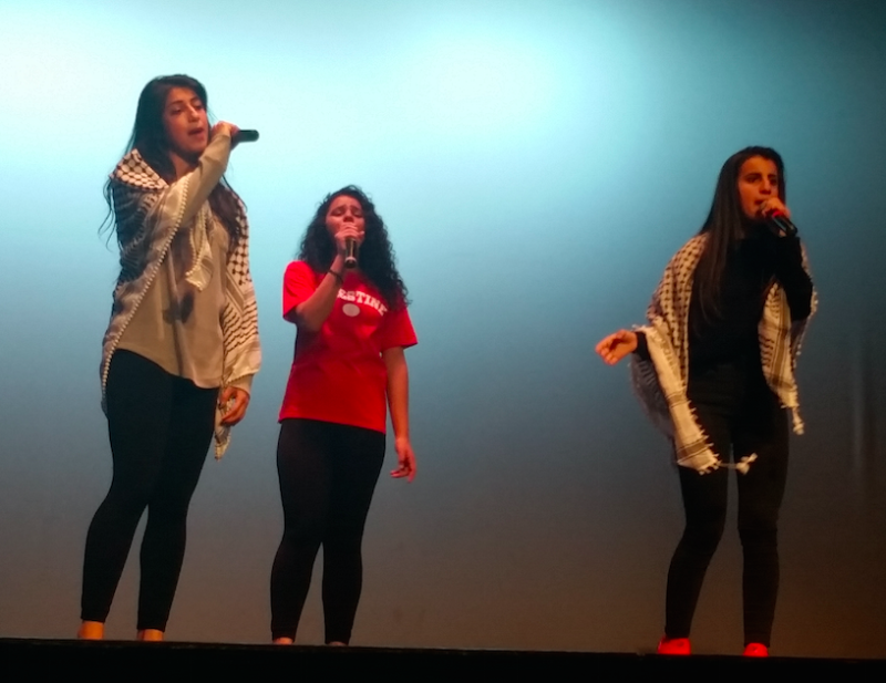 Dalya Ramadan (left) and other Palestinian rappers performed in Oakland on Sunday, March 19.