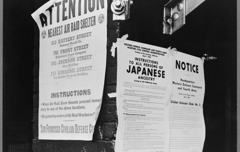 A photo by Dorothea Lange from 'Exclusion: The Presidio’s Role in World War II Japanese American Incarceration‘ at the Presidio of San Francisco