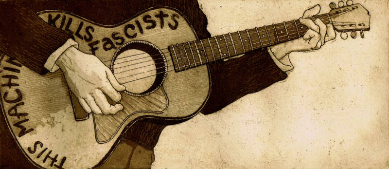 Fernando Marti's etching "This Machine Kills Fascists" is a critique of President Trump and a tribute to folksinger Woody Guthrie, who famously displayed those words on his guitar in the 1930s.