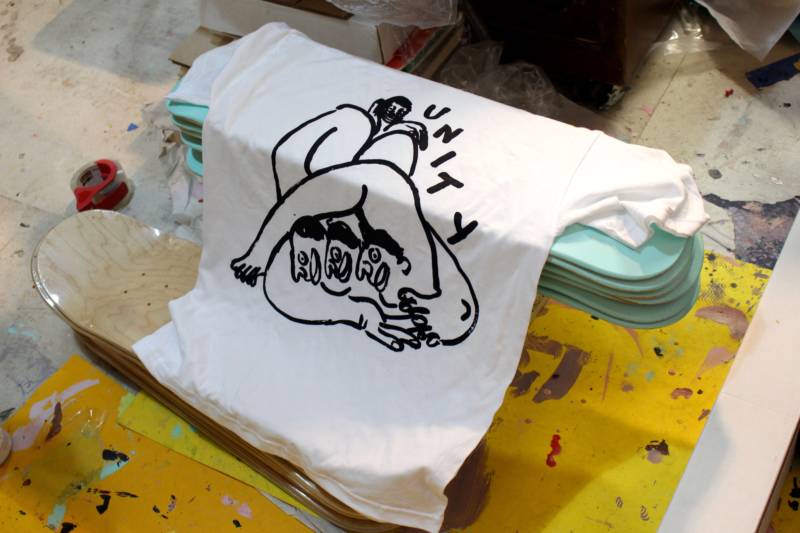 A recently printed Unity band tee drying in Cheung's studio. 