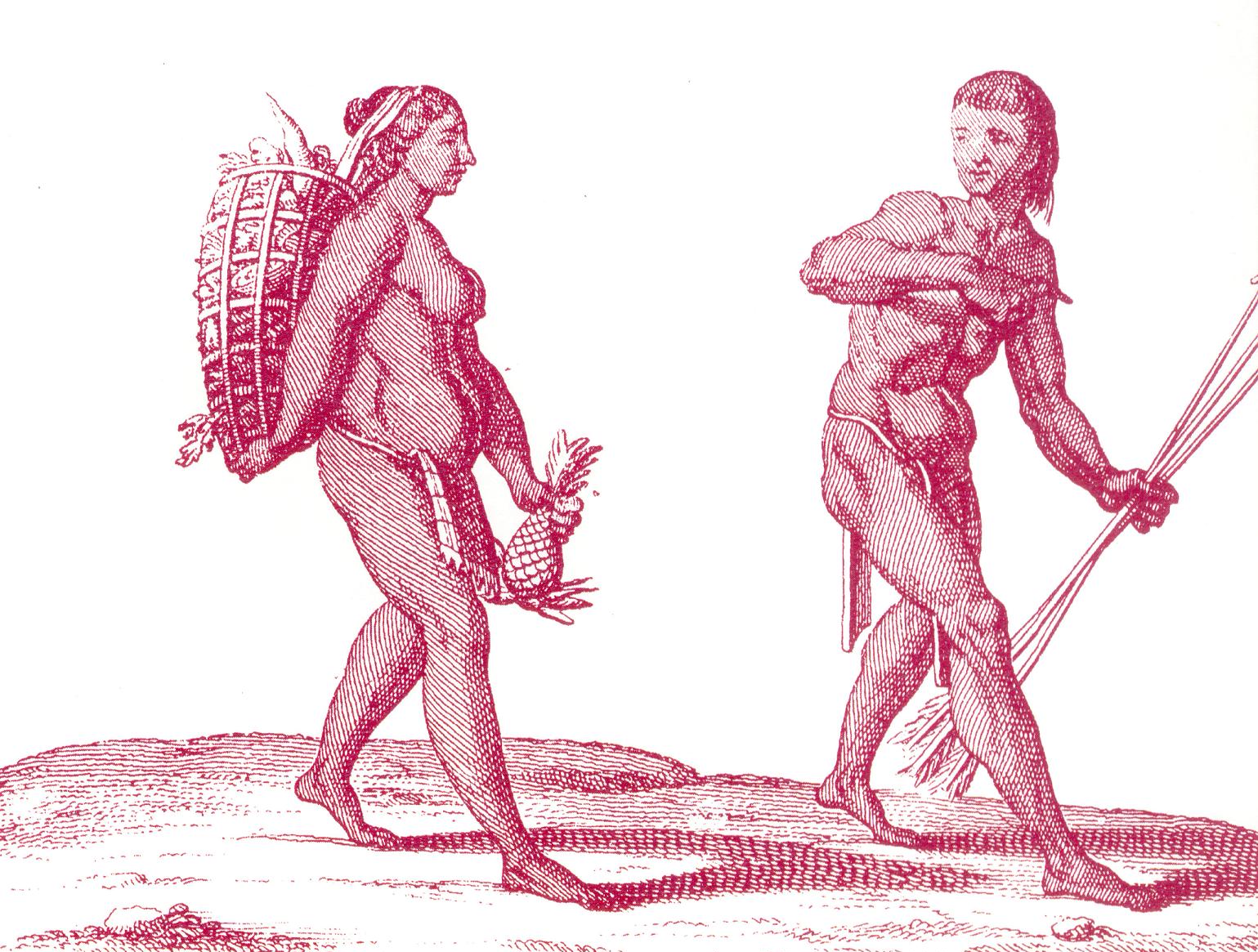 Humans lived a purely nomadic life. Seen here a Kali'na hunter with a woman gatherer. Wikimedia Commons.