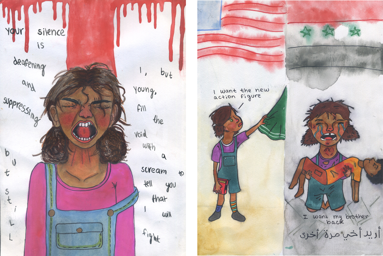 Left: Quinn Nelson's drawing in 'RESIST!' Right: Nelson's winning drawing in the 2016 'New York Times' editorial cartoon contest.
