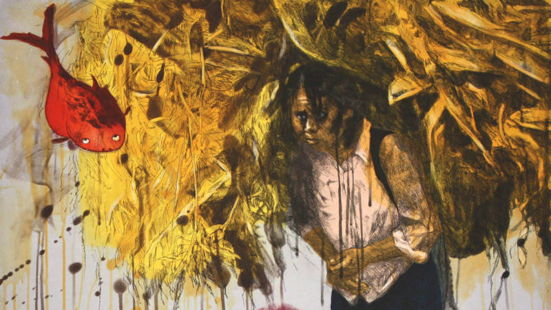 Detail of Zhuangjia (Crop), 2008, by Hung Liu. A peasant woman carries corn across a field. A majority of Liu's pieces in "We Who Work" depict women. "They suffer, but they also stand for their dignity."