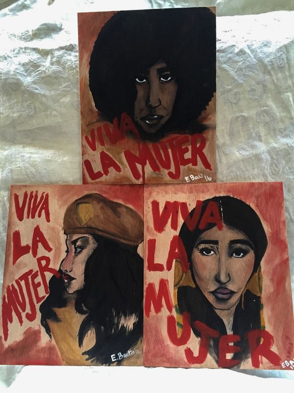 Portraits of a Brown Beret, a Black Panther and Sacheen Littlefeather by Estefania Bautista.