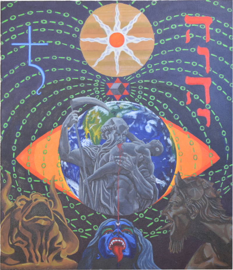 Jon Proby's painting 'For the Time Being' makes use of Tarot-like symbols. Of this work, the artist says: "Death, the ultimate limitation for the mortal. As we traverse this realm seemingly defined by the material, it is the symbolic which truly defines the mechanisms of Creation. The many faces of Chronos makes his harsh rule known."
