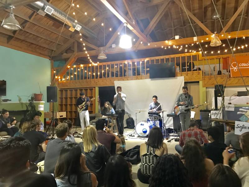 Eyes on the Shore perform a Sofar Sounds show at Couchsurfing.com headquarters in San Francisco in April 2017.