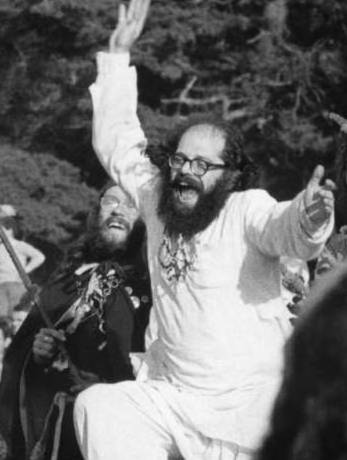 Poet Allen Ginsberg dancing to the grateful dead at the Gathering of the Tribes for a Human Be-In at Golden Gate Park in San Francisco (1967).
