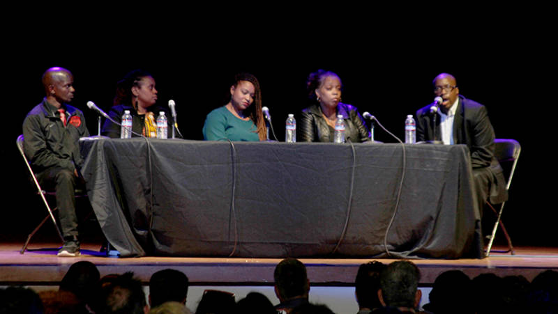 Community panel discusses connections between ‘Hercules in the Bayview’ and real-life tragedies that have unfolded in neighborhood residents’ lives in recent years. . Left to right: Chris McAllister, April Spears, Takija Gardner, Gwen Woods, Shawn Richard. 
