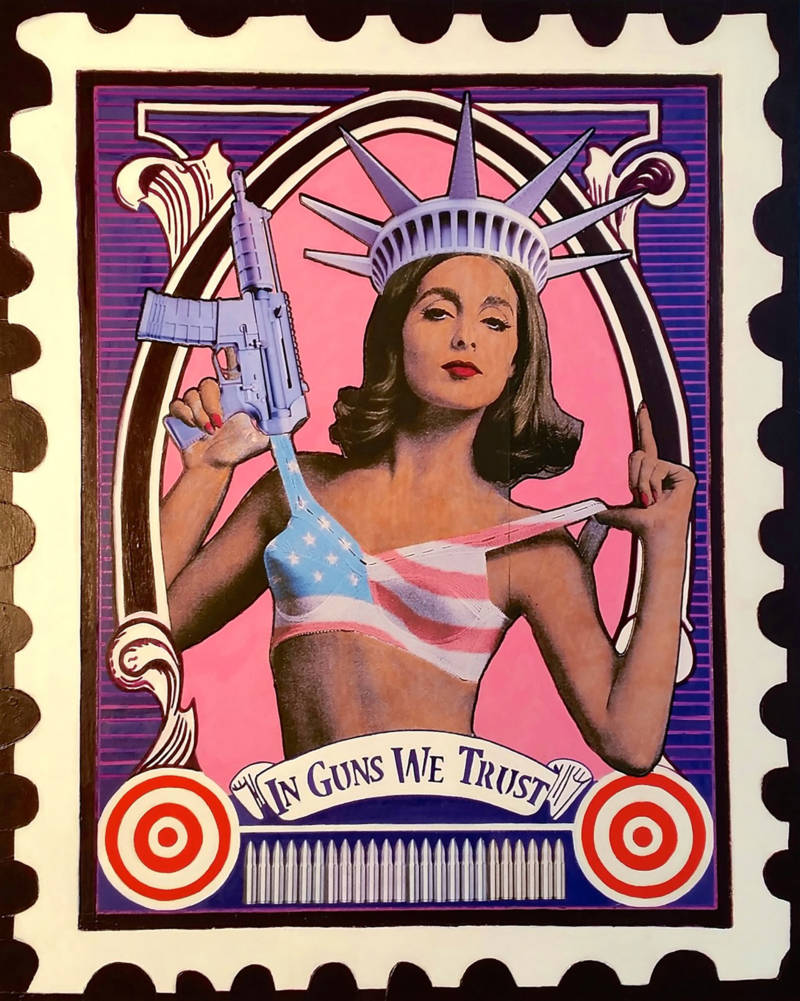 "In Guns We Trust" by Mark Harris. Mixed media, consisting of acrylic paint, acrylic ink, archival photo paper, and vinyl.