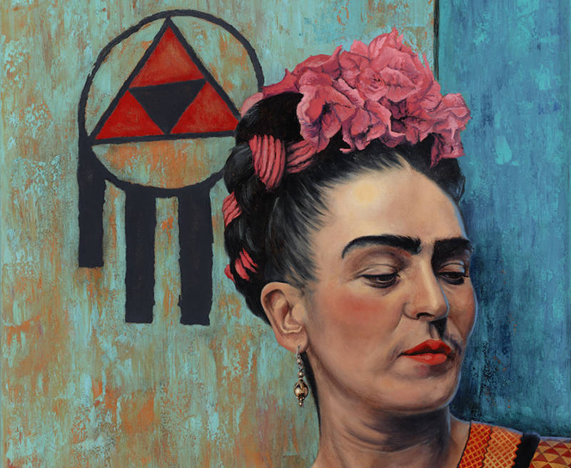 Detail of "Frida," an oil painting by Eric Almanza. Note the symbol of resistance he includes in many of his more recent paintings.