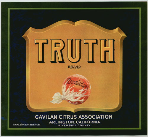 The 1930 Gavilan Citrus Association's "Truth" fruit crate label which inspired Berman's project.