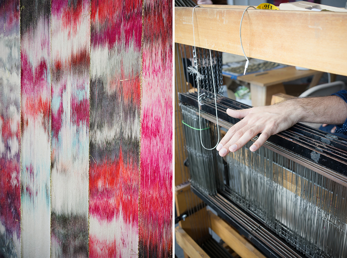 Hand-dyed yarn woven on Faught's 8-shaft floor loom; Faught demonstrating the loom's foot pedals.