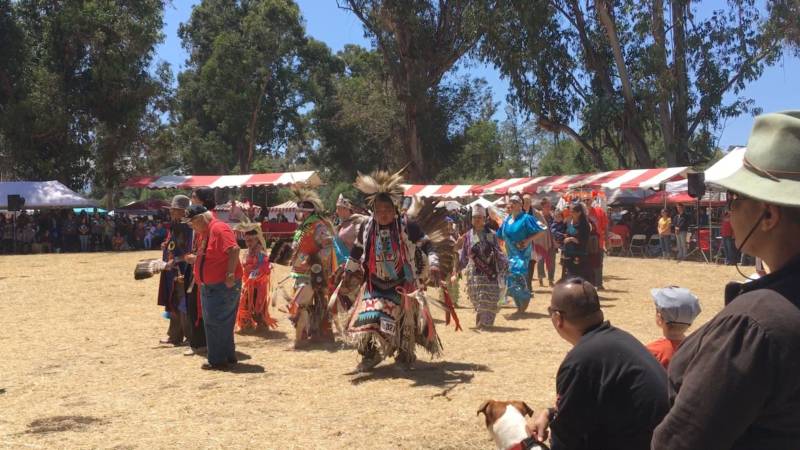 There's Dan Nanamkin, center, dancing with the water protectors of Standing Rock at the 46th Annual Stanford Powwow this year.