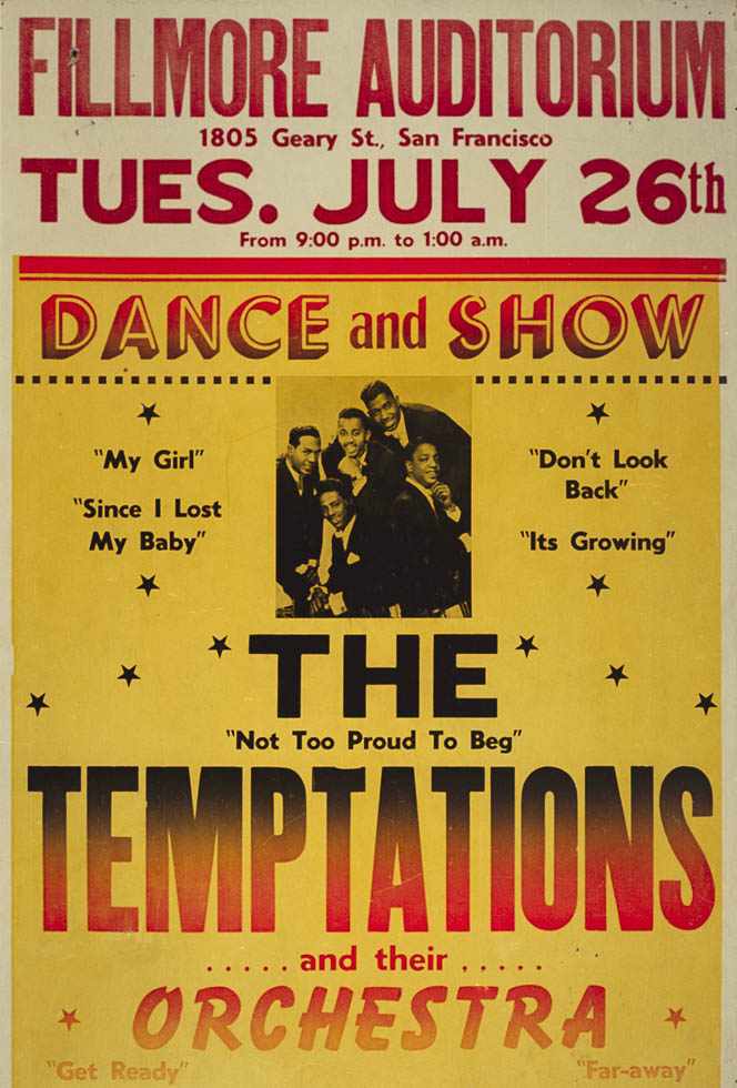 A poster for a show with the Temptations arranged by Charles Sullivan at his Fillmore Ballroom.