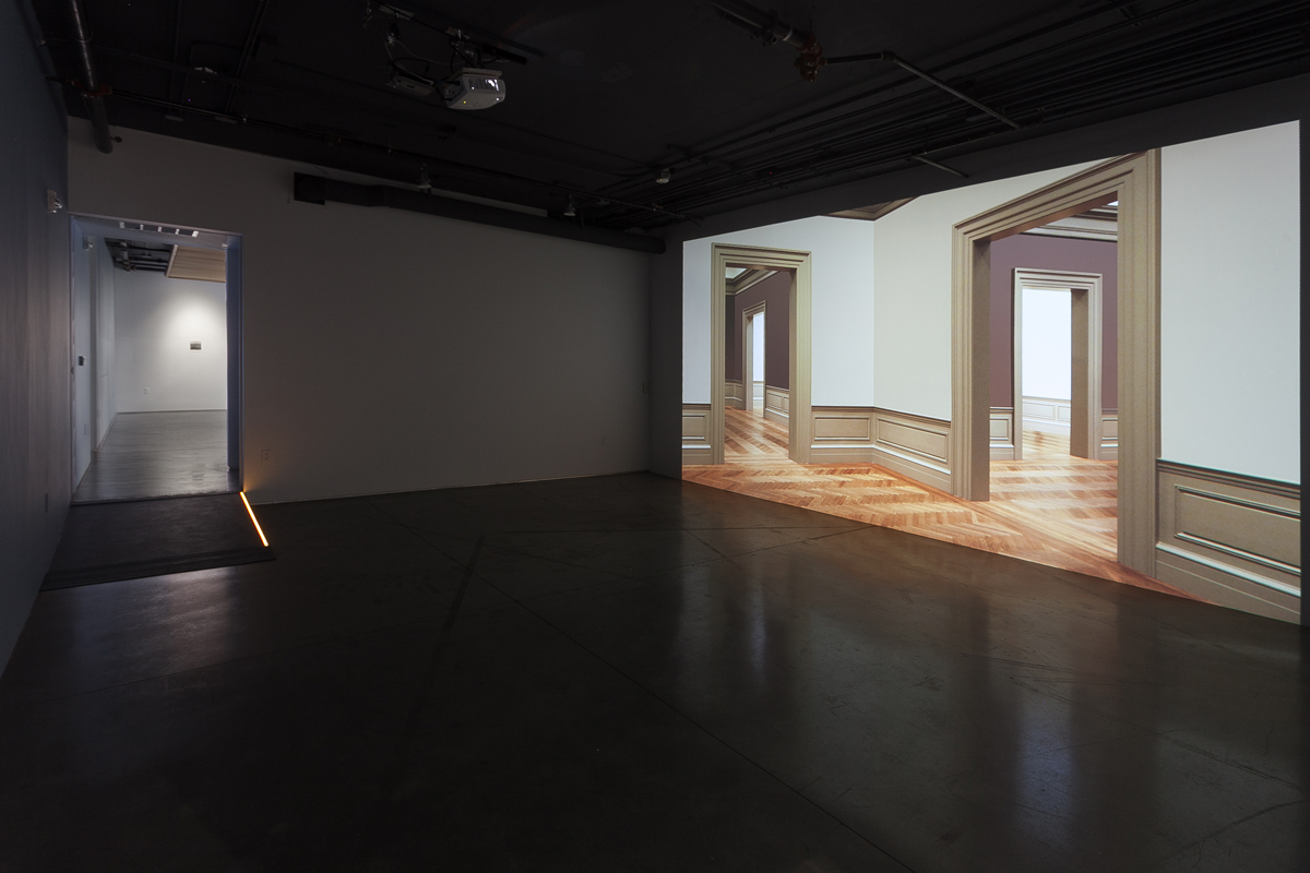 Installation view of 'What We Know that We Don't Know,' with work by Trisha Donnelly at left, work by Walid Raad on the right.