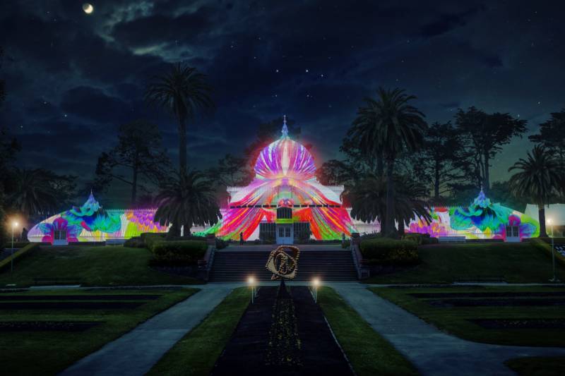 The San Francisco Conservatory of Flowers all dressed up for a city sponsored Summer of Love concert
