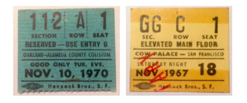My dad's ticket stubs for Elvis Presley (left), the night he first kissed my mom; and the Who (right), in 1967, almost 50 years before our road trip.