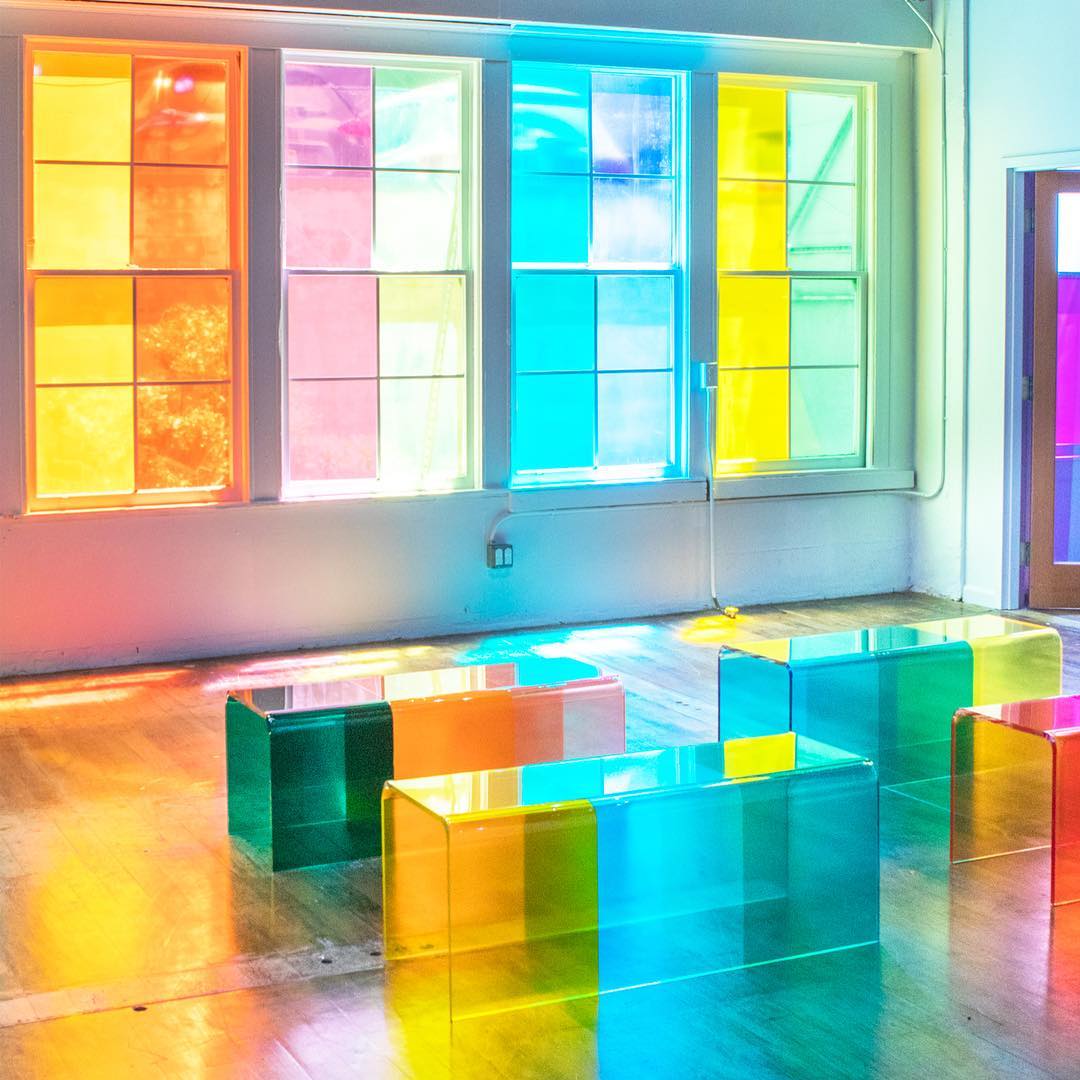 A spot to sit and contemplate color, between the confetti room and Tom Stayte's installation.