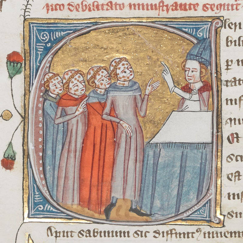 This image in a 14th-century encyclopedia called the 'Omne Bonum' shows a priest giving instructions to people with leprosy. The British Library mislabeled the image as depicting plague victims.