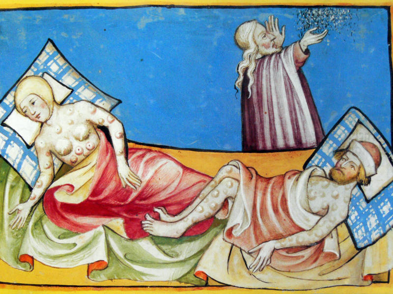 A 15th-century Bible depicts a couple suffering from the blisters of bubonic plague. The same bacterium that ravaged medieval Europe, where the disease was known as the Black Death, occasionally re-emerges.