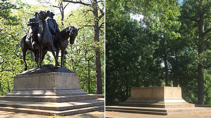 Baltimore's statue of Confederate Gens. Robert E. Lee and Stonewall Jackson before it was removed (left); now, the platform is empty except for a few potted plants.