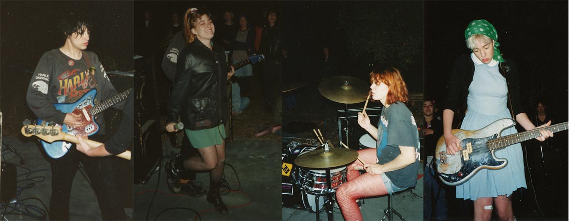 Bikini Kill performs in a backyard in Santa Rosa, fronted by Kathleen Hanna (second from left), circa 1993.