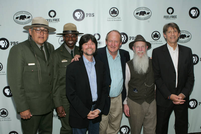  (L-R) Park Rangers Gerard Baker, Shelton Johnson, director Ken Burns, writer Dayton Duncan, Lee Stetson, and actor Peter Coyote attend a National Parks celebration hosted by the National Parks Conservation Association and PBS at Central Park on September 23, 2009 in New York City.  