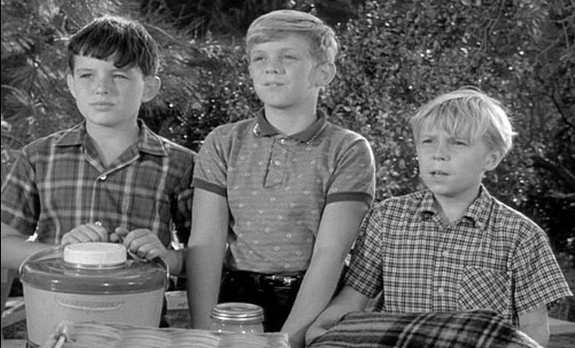 Scene from a TV episode of 'Leave it to Beaver' -- the regular trio of friends (left to right): Beaver (Jerry Mathers), Gilbert (Stephen Talbot) and Whitey (Stanley Fafara)