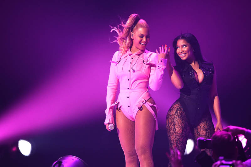 Beyonce and Nicki Minaj perform onstage at the Barclays Center in Brooklyn, 2015. 