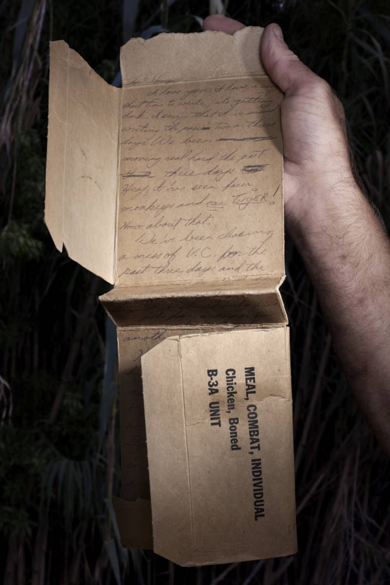 Humidity disintegrated paper in the jungles of Vietnam. Resourceful American soldiers used alternatives like the sturdy cardboard wrappers their food rations came in to write letters home to loved ones.