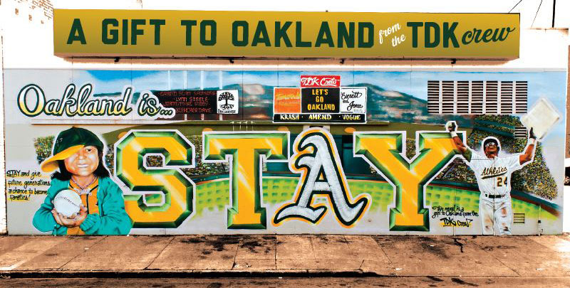 The completed A"s 'STAY' mural in Jack London Square.