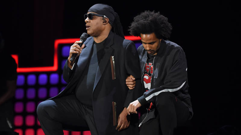 Stevie Wonder and his son Kwame Morris onstage during the 2017 Global Citizen Festival: For Freedom. For Justice. For All. in Central Park on September 23, 2017 in New York City.