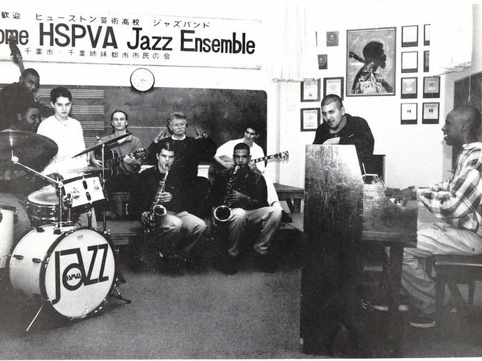 Houston's High School for the Performing and Visual Arts jazz ensemble in 1997. From left to right, Mark Kelly, Kendrick Scott, Mckenzie Smith, George Rambow, Dustin Drews, Robert Morgan, director, Walter Smith III, Mike Moreno, Richard Cruz, and Robert Glasper.