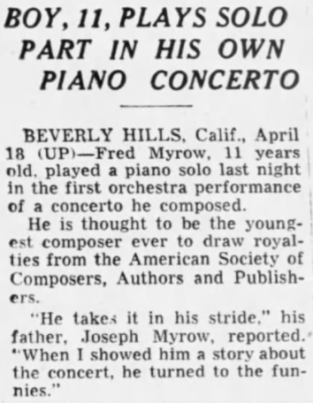 Story about young Fred Myrow from the St. Louis Dispatch