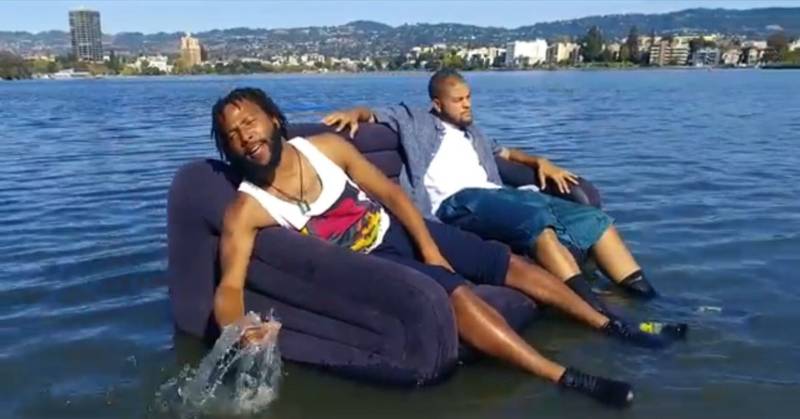 An inflatable couch in Lake Merritt. 