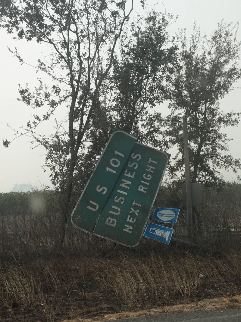 A fallen freeway sign on Hwy. 101 in Santa Rosa.