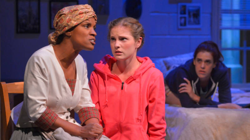 It is more than just history for Simone (Ella Dershowitz), as she observes Betty Hemings (Charlotte Speigner) with roommate Karen (Rosie Hallet) in 'Thomas and Sally' by Thomas Bradshaw.
