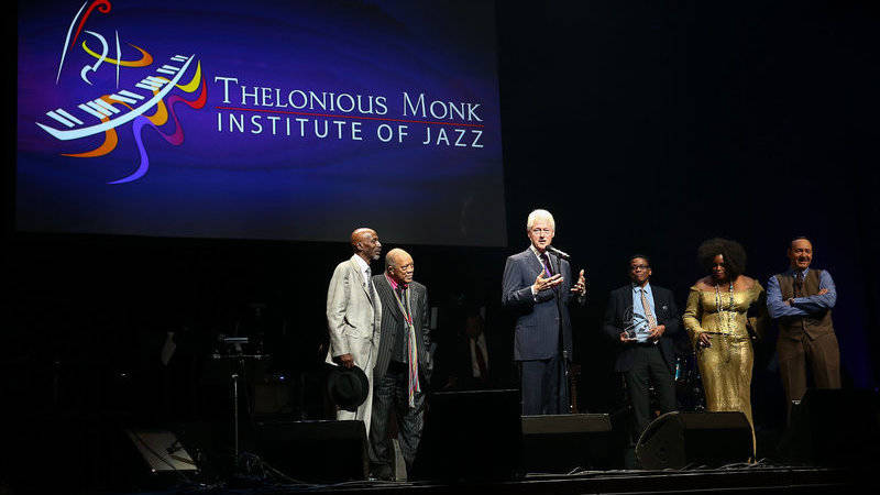 T.S. Monk, left, in 2014, when the Monk Competition included the presentation of an award to President Bill Clinton. Also onstage: Quincy Jones, Herbie Hancock, Dianne Reeves and Kevin Spacey.