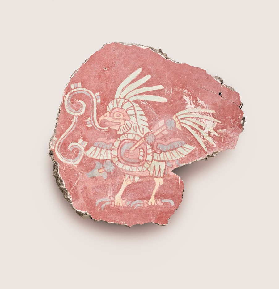 Mural fragment (bird with shield and spear), 500–550.