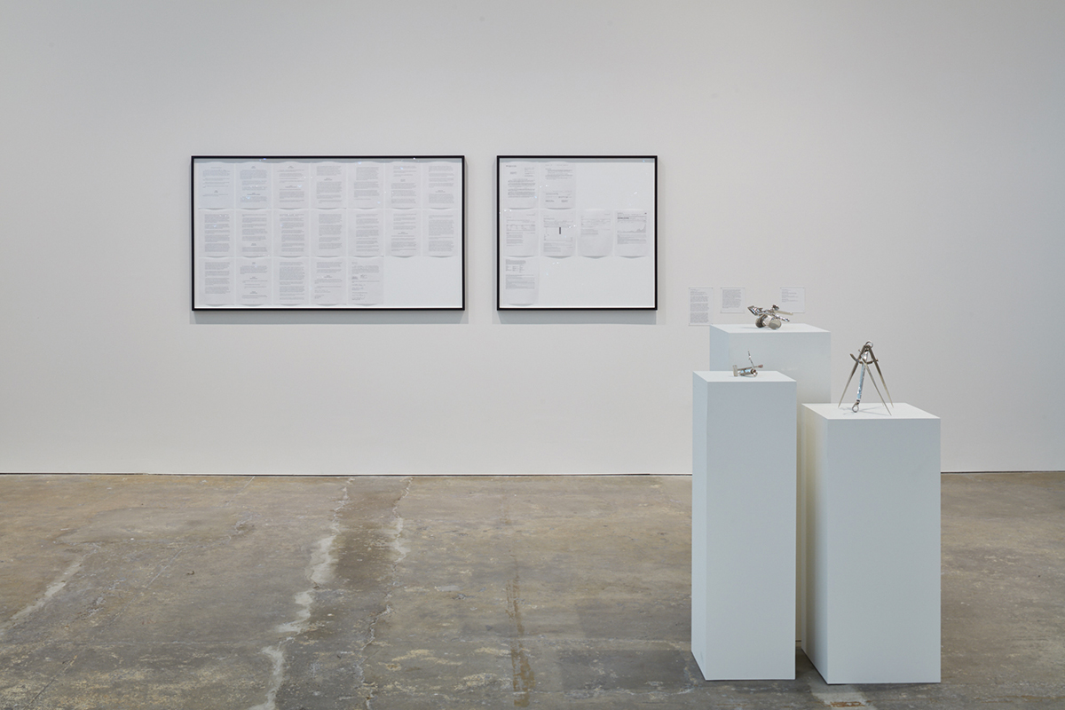 Installation view of 'Mechanisms,' with work by Cameron Rowland and Zarouhie Abdalian.