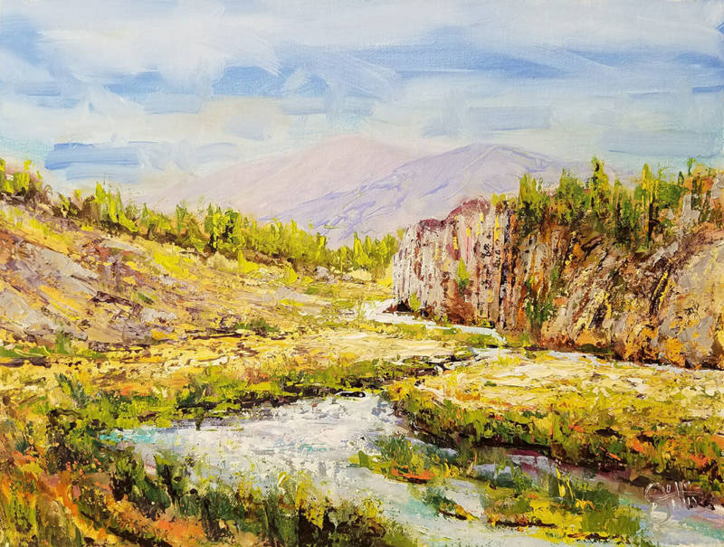 One of Bill Gittins' paintings lost in the fire, of Hot Creek on Hot Creek Ranch, southeast of Mammoth Mountain in the Eastern Sierra.