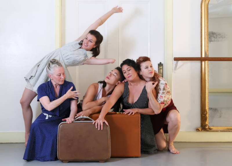 Julie Crothers, Clarissa Dyas, Sue Li Jue, Joan Lazarus, Jeni Leary, with Rose Huey and Sarah Bush perform in the world premiere of Homeward a new dance by Sarah Bush