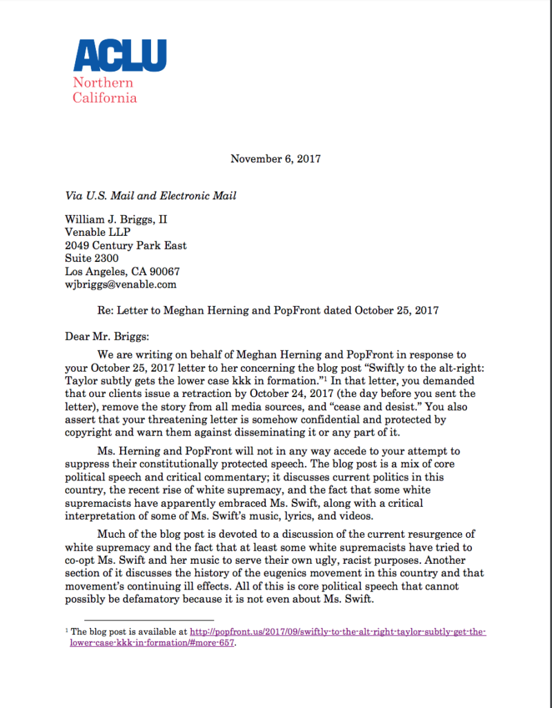 The letter sent by the ACLU legal team representing Meghan Herning to Taylor Swift's lawyer, William J Briggs II.