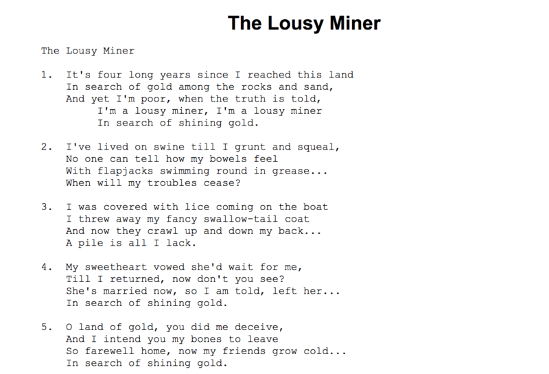 Lyrics for the 1861 mining song, 'The Lousy Miner' from 'Put's Golden Songster.'