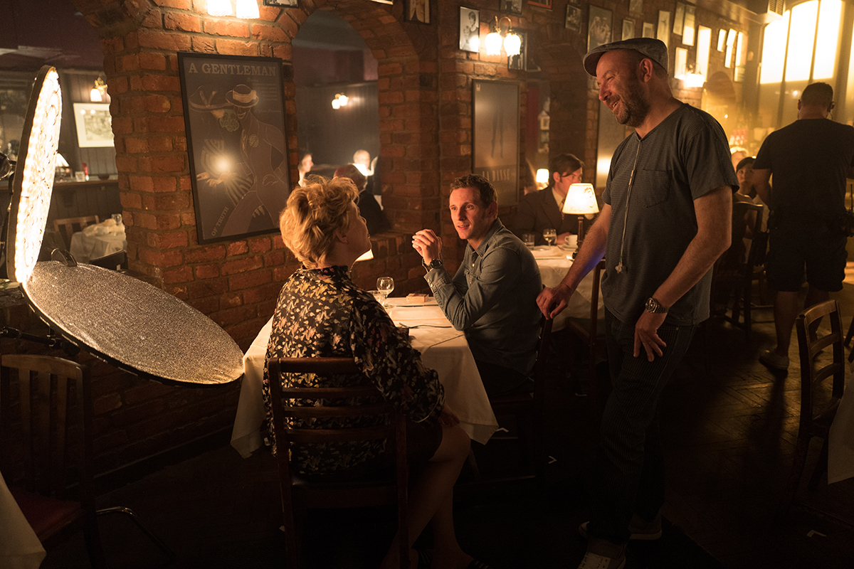 Left to right: Annette Bening, Jamie Bell and director Paul McGuigan on the set of 'Film Stars Don't Die in Liverpool.'