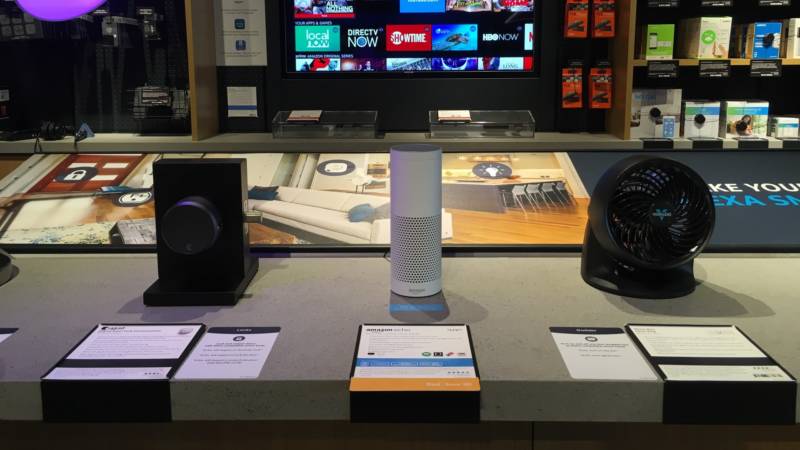 Virtual assistants on display at the Amazon store in San Jose.