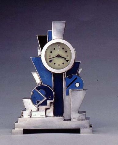 Jean Goulden (1878-1946), Clock, 1928. Silvered bronze with enamel.