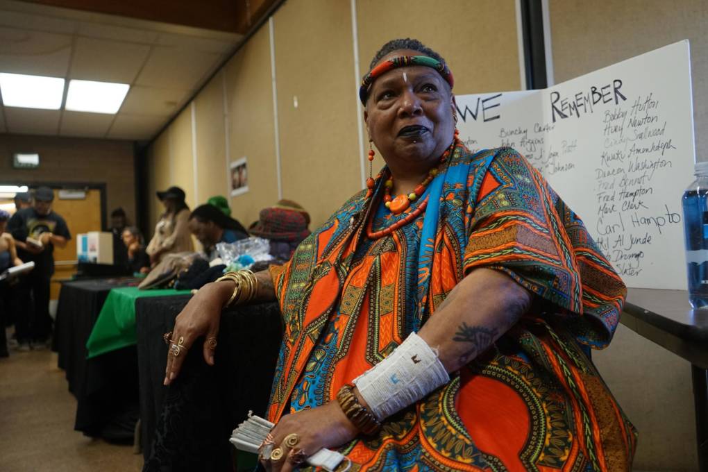 Black Panther Party member Mama Charlotte O’Neal attends a Black Panther Party anniversary event at the West Oakland library.