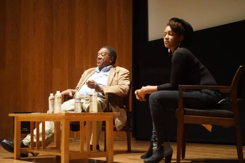 Black Panther Party co-founder Bobby Seale and poet Chinaka Hodge share the stage at the Oakland Museum.